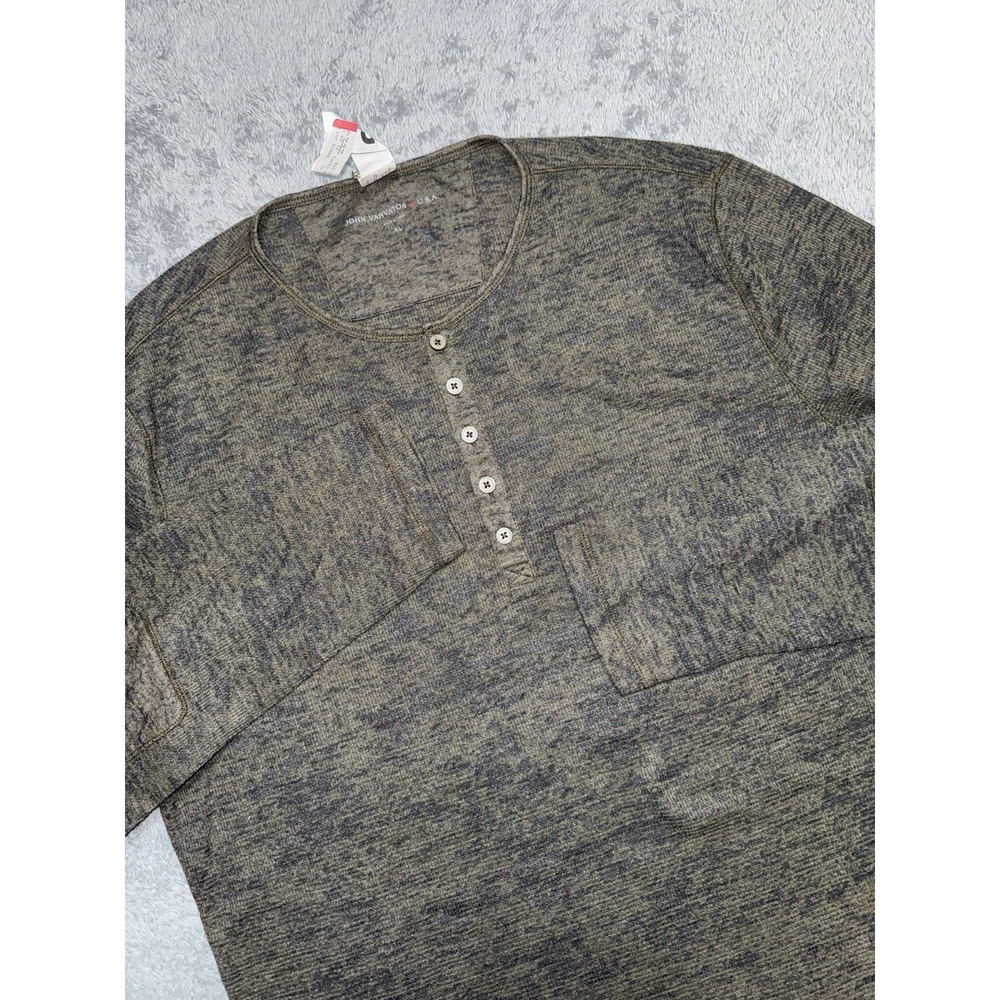 John Varvatos Henley Thermal Shirt XL Moss Green & Black Waffle Knit Long Sleeve